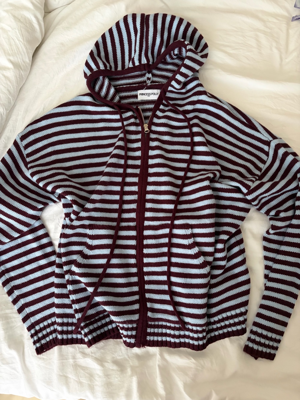 Princess Polly Brownand Light Blue Striped Zip Cardigan